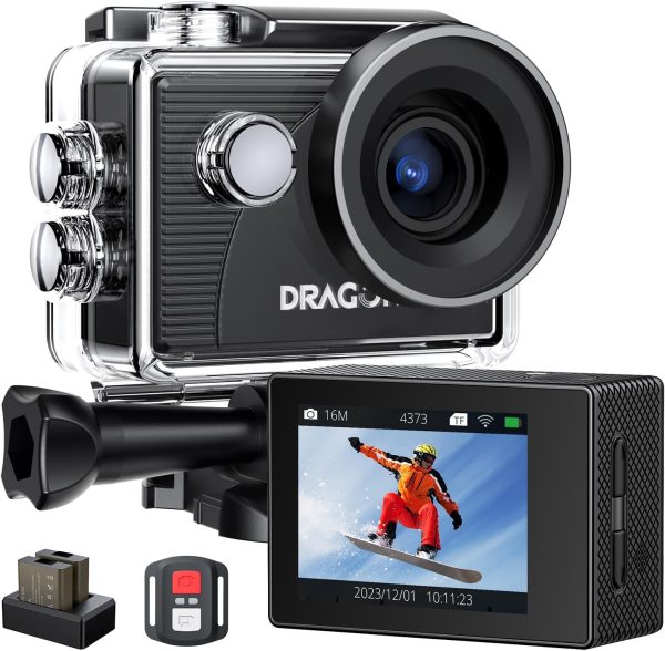 Dragon Touch 4K Action Camera 20MP Vision 3 Underwater Waterproof Camera 170° Wide Angle WiFi Sports Cam with Remote 2 Batteries and Mounting Accessories Kit