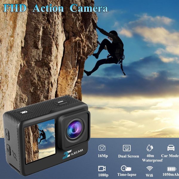 Dual Screen Action Camera 1080P WiFi Waterproof Camera 4*Zoom 131FT(40m) Waterproof Underwater Camera with 2X 1050mAh Batteries and Multifunctional Accessories Sports Camera (L300S) - Image 2