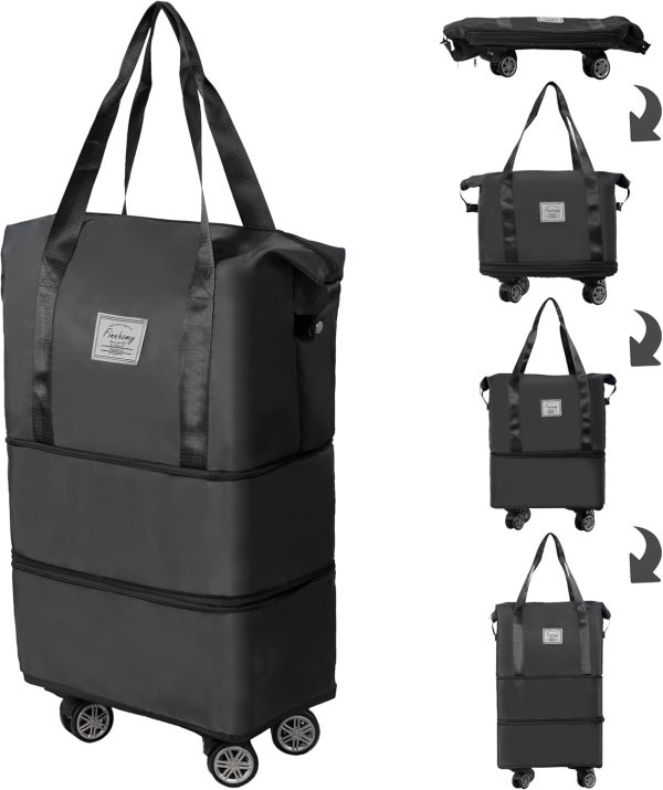 50L Expandable Rolling Duffel Bag with Wheels Foldable Duffel Bag for Travel Carry on Bag with Wheels Luggage Travel bag Detachable Wheel Duffel Bag for Shopping Travel Outdoor, Black