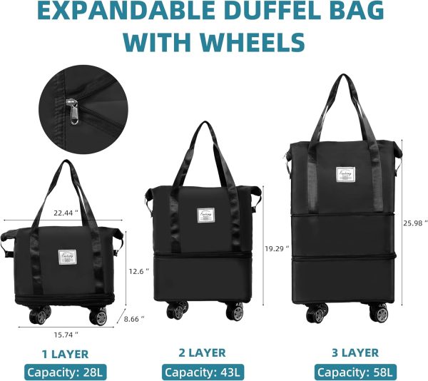 50L Expandable Rolling Duffel Bag with Wheels Foldable Duffel Bag for Travel Carry on Bag with Wheels Luggage Travel bag Detachable Wheel Duffel Bag for Shopping Travel Outdoor, Black - Image 2