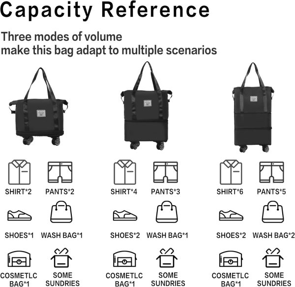 50L Expandable Rolling Duffel Bag with Wheels Foldable Duffel Bag for Travel Carry on Bag with Wheels Luggage Travel bag Detachable Wheel Duffel Bag for Shopping Travel Outdoor, Black - Image 4