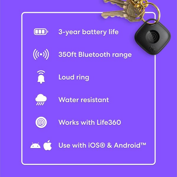 Tile by Life360 Mate (2024) Bluetooth Tracker, Keys Finder and Item Locator for Keys, Bags and More. Phone Finder. Both iOS and Android Compatible. 1-Pack (Black) - Image 6