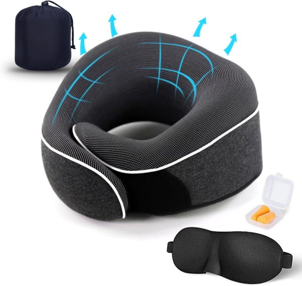 Travel Neck Pillow, Best Memory Foam Airplane Pillow for Head Support Soft Adjustable Pillow for Plane, Car & Home Recliner Use (Black1)