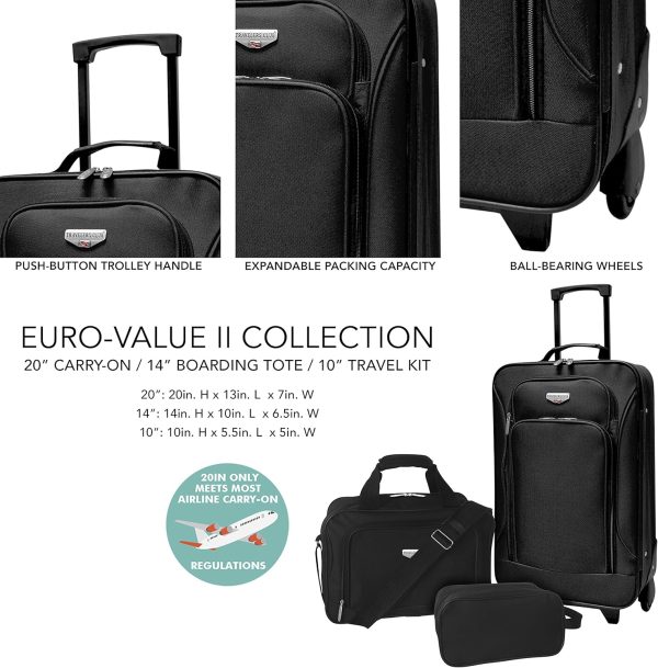 Euro Carry-On Luggage, Black, 3-Piece Set - Image 2