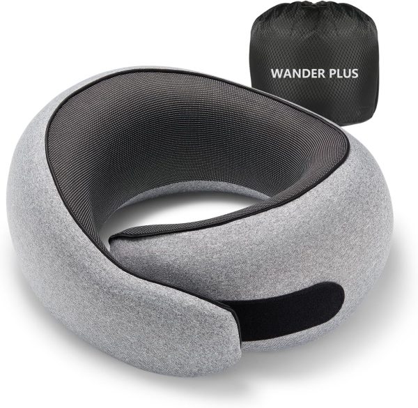 WANDER PLUS® Travel Neck Pillow, Pure Memory Foam Neck Pillow for Airplanes, Comfortable Breathable Cover, 360 Degree Support Ergonomic Design Best for Sleeping Plane Train Travel Essentials Max Grey