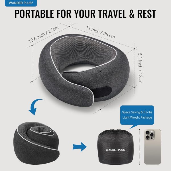 WANDER PLUS® Travel Neck Pillow, Pure Memory Foam Neck Pillow for Airplanes, Comfortable Breathable Cover, 360 Degree Support Ergonomic Design Best for Sleeping Plane Train Travel Essentials Max Grey - Image 3