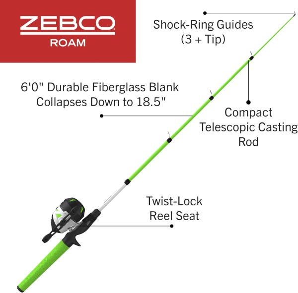 Zebco Roam Telescopic Fishing Rod and Spinning or Spincast Fishing Reel Combo, Durable 6-Foot Fiberglass Rod with ComfortGrip Handle, Pre-spooled with Zebco Cajun Fishing Line - Image 2